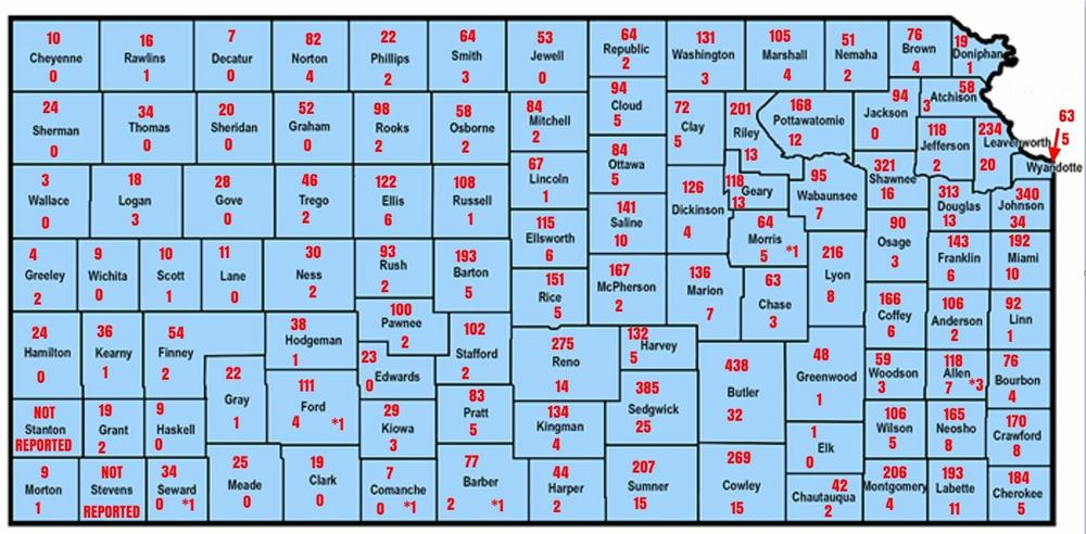 Map of the state of Kansas with each county listing the number of deer-related crashes with and without injuries